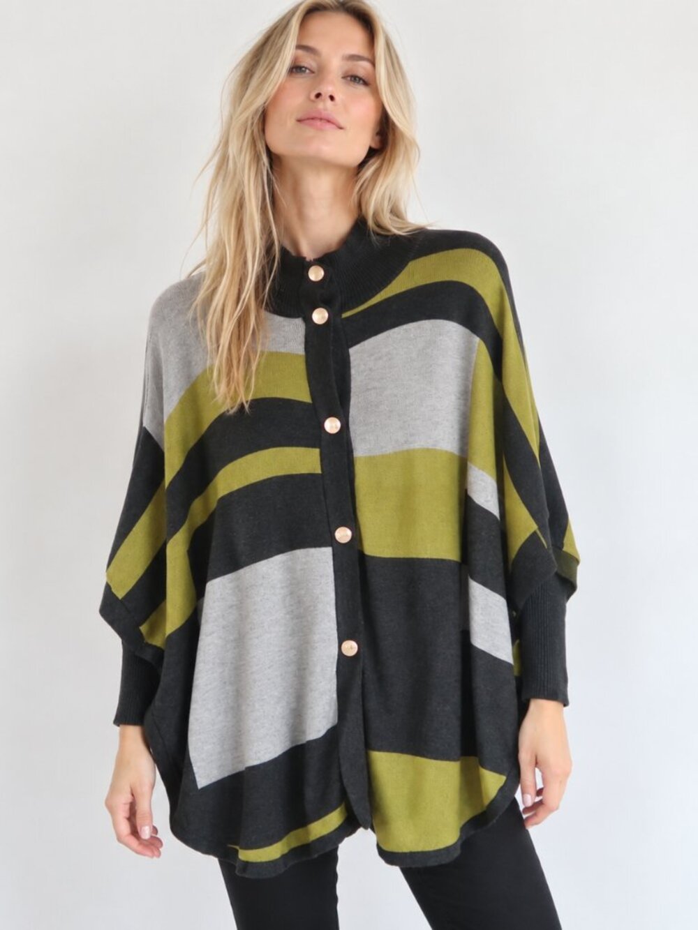 Joseph A Colorblock Poncho Cardigan Gray Green Snap Button Front Sweater Top M